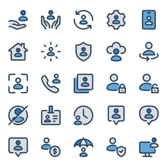 Filled blue outline icons set for Users, people.