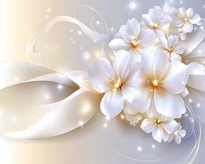 Elegant white flowers with flowing ribbons and twinkling highlights adorn the scene