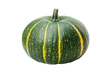 Green pumpkin with yellow stripes on black background, cut out