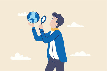 Global world economic analysis, international work opportunity, oversea research or investment country risk, region or foreign career searching concept, businessman analyze global world business.