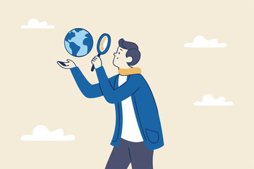 Global world economic analysis, international work opportunity, oversea research or investment country risk, region or foreign career searching concept, businessman analyze global world business.