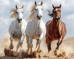 Fototapeta premium Three horses running across a dusty plain with beautiful coloring and manes blowing
