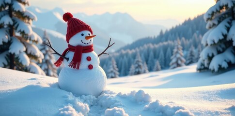 Obraz premium Snowman in a snowy landscape with trees and hills, winter, landscape, cold