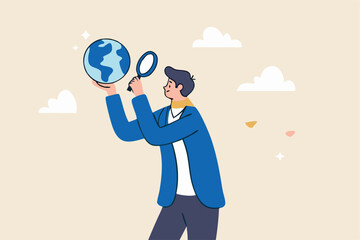 Global world economic analysis, international work opportunity, oversea research or investment country risk, region or foreign career searching concept, businessman analyze global world business.