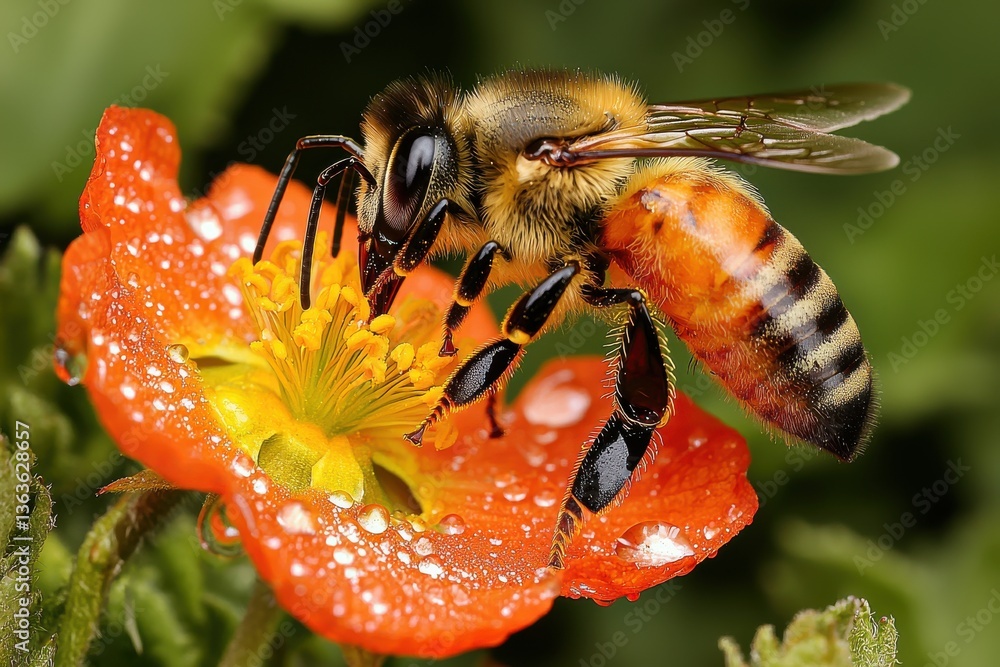 Poster a macro image capturing a honeybee extracting nectar from a vibrant orange flower with a yellow cent