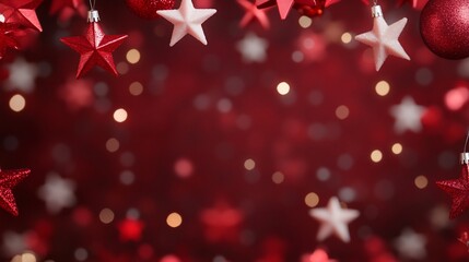 Festive background with hanging ornaments and bokeh lights in red hues