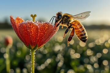 Naklejka premium Honeybee collecting nectar from a vibrant orange flower covered in dew drops, illuminated by the soft morning light in a natural field setting.