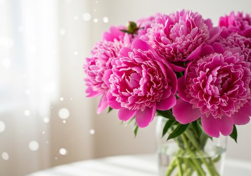 輝くピンクの牡丹の花束、柔らかな光で美しく描写