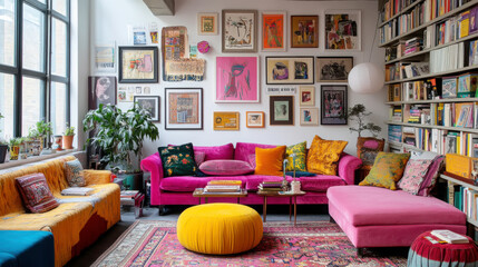 Eclectic apartment living room with colorful decor and art gallery wall