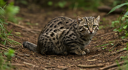 Naklejka premium Rare flat-headed cat portrait in its natural peat swamp habitat environment