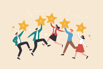 Customer experience, best score rating, client feedback or consumer review, 5 stars rating, like or positive survey, customer satisfaction concept, happy young adult customer holding 5 stars rating.
