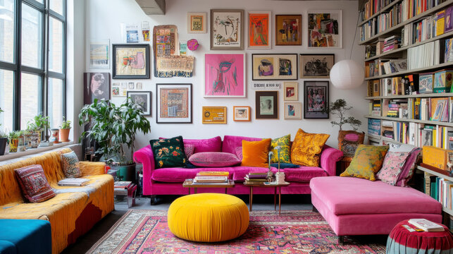 Eclectic apartment living room with colorful decor and art gallery wall