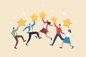 Customer experience, best score rating, client feedback or consumer review, 5 stars rating, like or positive survey, customer satisfaction concept, happy young adult customer holding 5 stars rating.