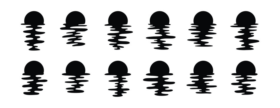 sun silhouettes set. Vector template sun reflection in water. Sunset and waves reflection.