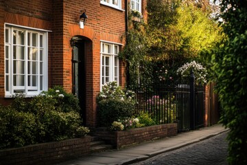 Fototapeta premium Nestled on a peaceful street in a tranquil neighborhood, this charming brick house is framed by a lush garden, bathed in the warm glow of the golden hour