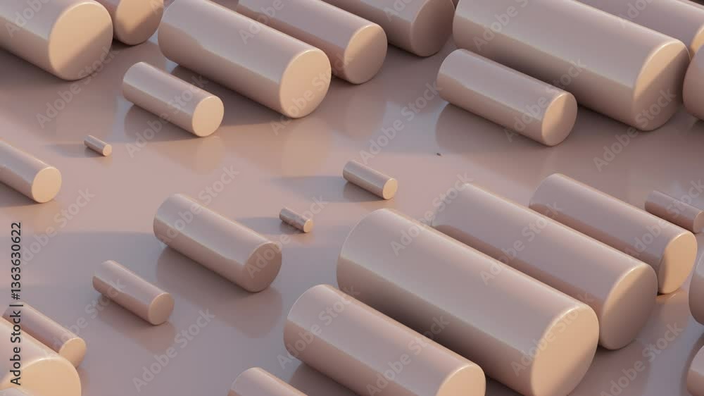 Poster abstract 3d render, synchronized animation of orderly mocha mousse cylinders, seamless looped motion