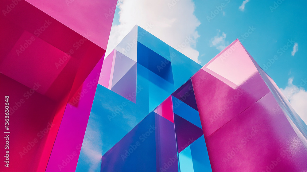 Poster abstract geometric shapes in pink and blue against a sky with clouds creating a modern design