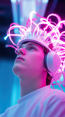 Futuristic concept of neural technology with caucasian male model in neon lights