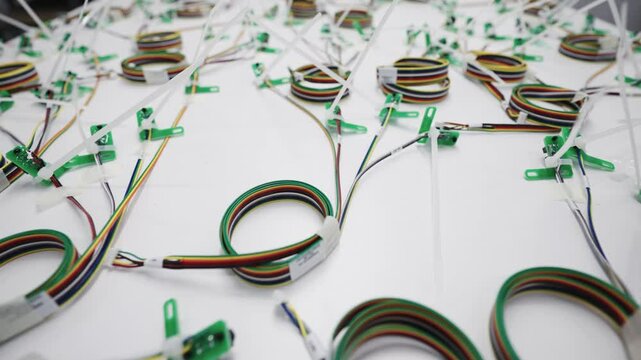 Closeup of colorful cables arranged for industrial production in a technology setup