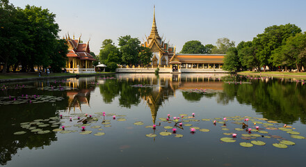 Obraz premium Serene temple pond with floating lotus blossoms and classical architecture reflection