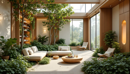 A sunroom interior filled with plants. The room has large glass windows and a skylight. Two couches and two chairs are inside. A round table sits in the middle. There is a bookshelf