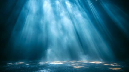 Obraz premium Underwater scene with sunbeams shining through the blue water to ocean floor