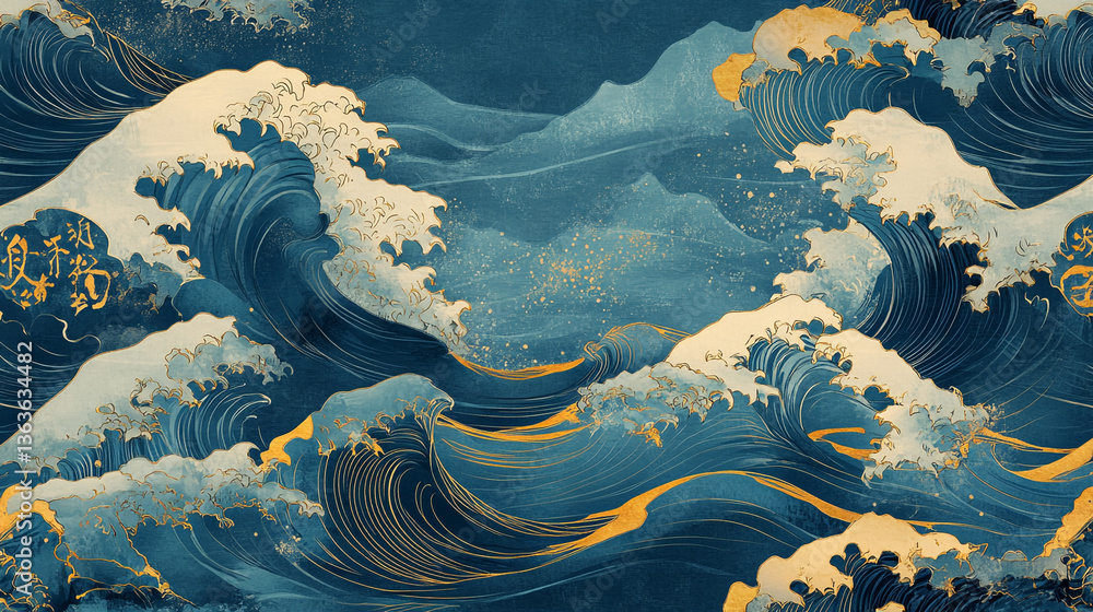 Poster artistic rendering of ocean waves with golden accents and distant mountains in the background