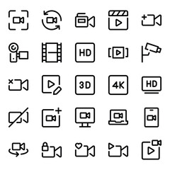 Outline icons set for Video, player, multimedia.