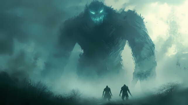 Colossal primordial titans radiating primal energy amid mist and shadow. Shadowed Incubation. Illustration