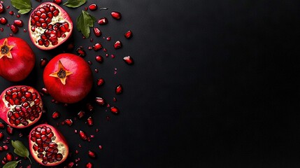 Fototapeta premium A cluster of pomegranates on a dark background with surrounding foliage