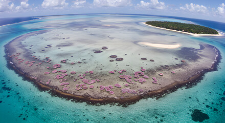 Obraz premium Spectacular aerial view of a vibrant coral atoll and lagoon at low tide