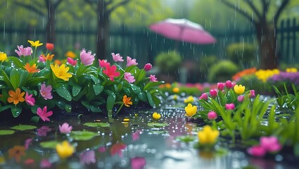 Spring garden in bloom with raindrops on flowers and puddles – Vibrant, rejuvenating nature, soft lighting, rainy spring atmosphere.

