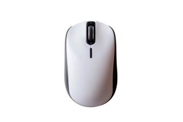 Wireless white computer mouse with scroll wheel on black background, cut out