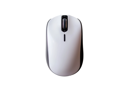 Wireless white computer mouse with scroll wheel on black background, cut out