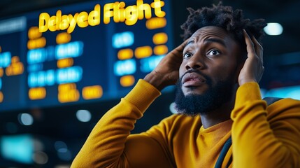 Stressed Man at Airport Watching Delayed Flight Information Board