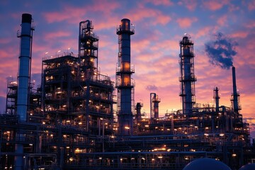 Fototapeta premium Illuminated oil refinery complex with dramatic sunset and industrial infrastructure. Ideal for energy, manufacturing, environment, or business presentations.