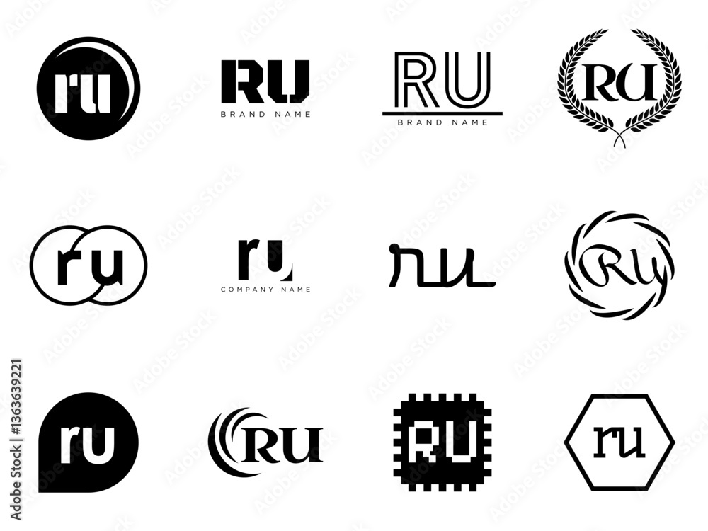 Fototapete ru logo company template. letter r and u logotype. set different classic serif lettering and modern 