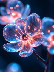 Illuminated translucent flowers displaying a unique and vibrant artistic lighting scheme