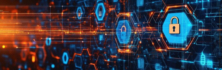 Futuristic digital background with a blue and orange color scheme, featuring security icons like padlocks in hexagonal shapes on the right side of an abstract tech grid pattern Generative AI