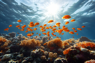 Vibrant marine life swims over colorful coral reef under a sunny surface
