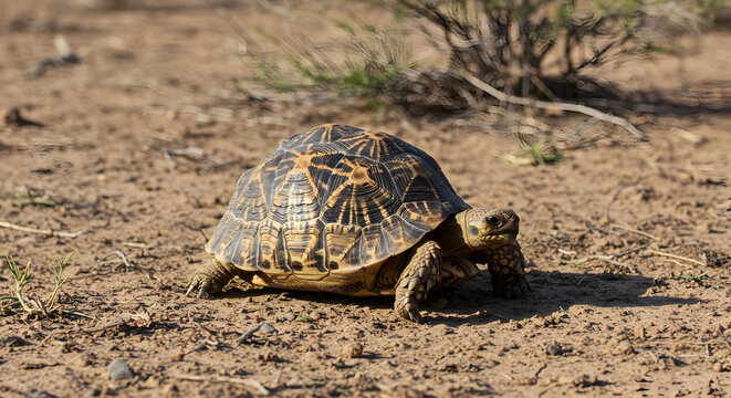 Solitary Burmese Star Tortoise traversing a dry, arid terrain under bright sunlight