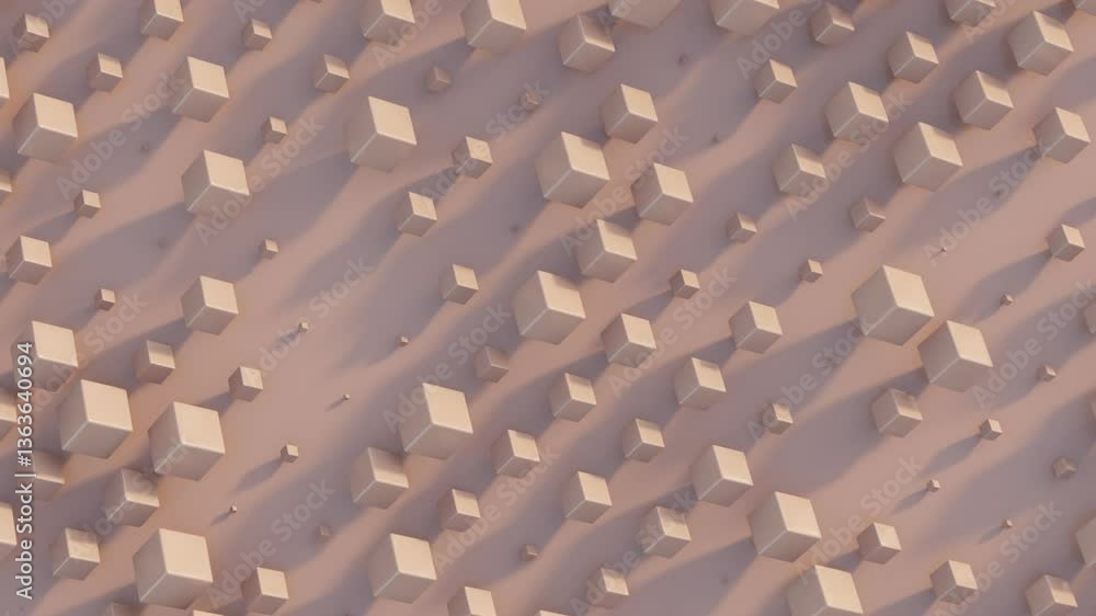 Poster abstract 3d animation, precise grid of mocha mousse cubes moving in sync, seamless looped video for 