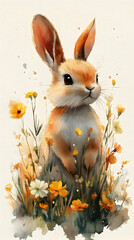 Watercolor rabbit standing amidst colorful wildflowers on a light background