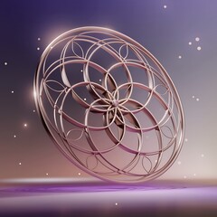 Naklejka premium Mesmerizing geometric pattern radiating sacred harmony on a celestial gradient background from deep purple to soft pink adorned with interlocking floral formations and glowing cosmic dots