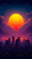 Vibrant sunset over a city skyline with clouds