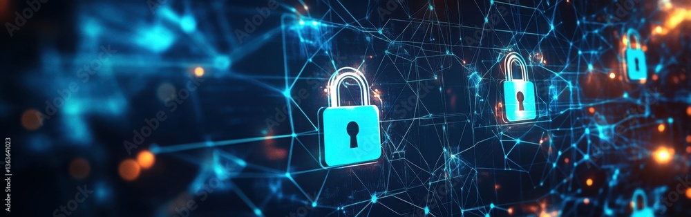Poster digital background featuring security and data protection icons on an abstract grid pattern, with gl