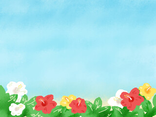 summer resort background with flowers ハイビスカスのあるリゾートの背景イラスト