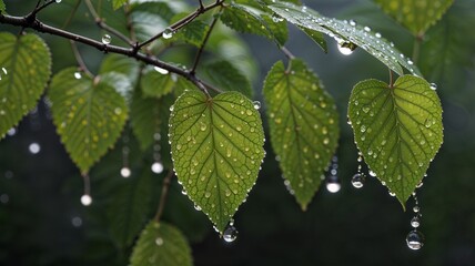 Detailed water droplets glistening on vibrant green leaves against a blurred nature backdrop

