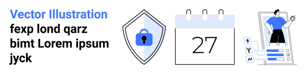 Lock shield for data protection, calendar with marked date, and dynamic user profile setup. Ideal for security, privacy, scheduling, time management, app design, system settings flat landing page