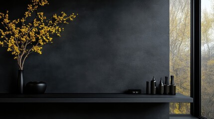 Dark, modern, minimalist interior design with a touch of nature.  A dark gray wall with a shelf holding decorative items,  a vase of yellow flowers, and a view of a forest through a large window